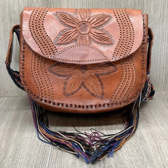 Womens Handbag Boho Leather Floral Tooled Embossed Purse Mini Sling Tan Brown - Picture 2 of 12